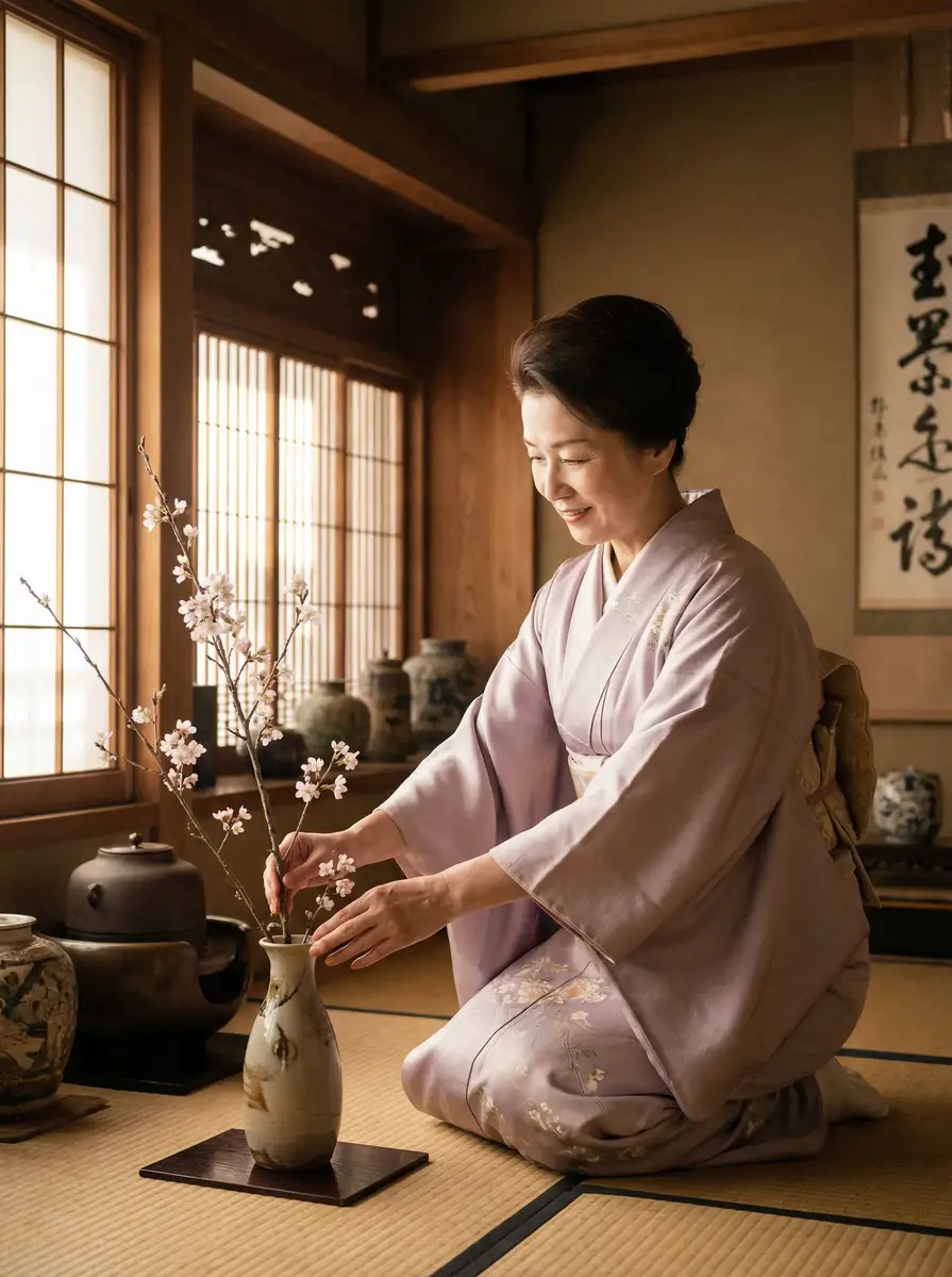 一位优雅的 丝瓜草莓榴莲香蕉芭乐小猪绿巨人 在和室中插花